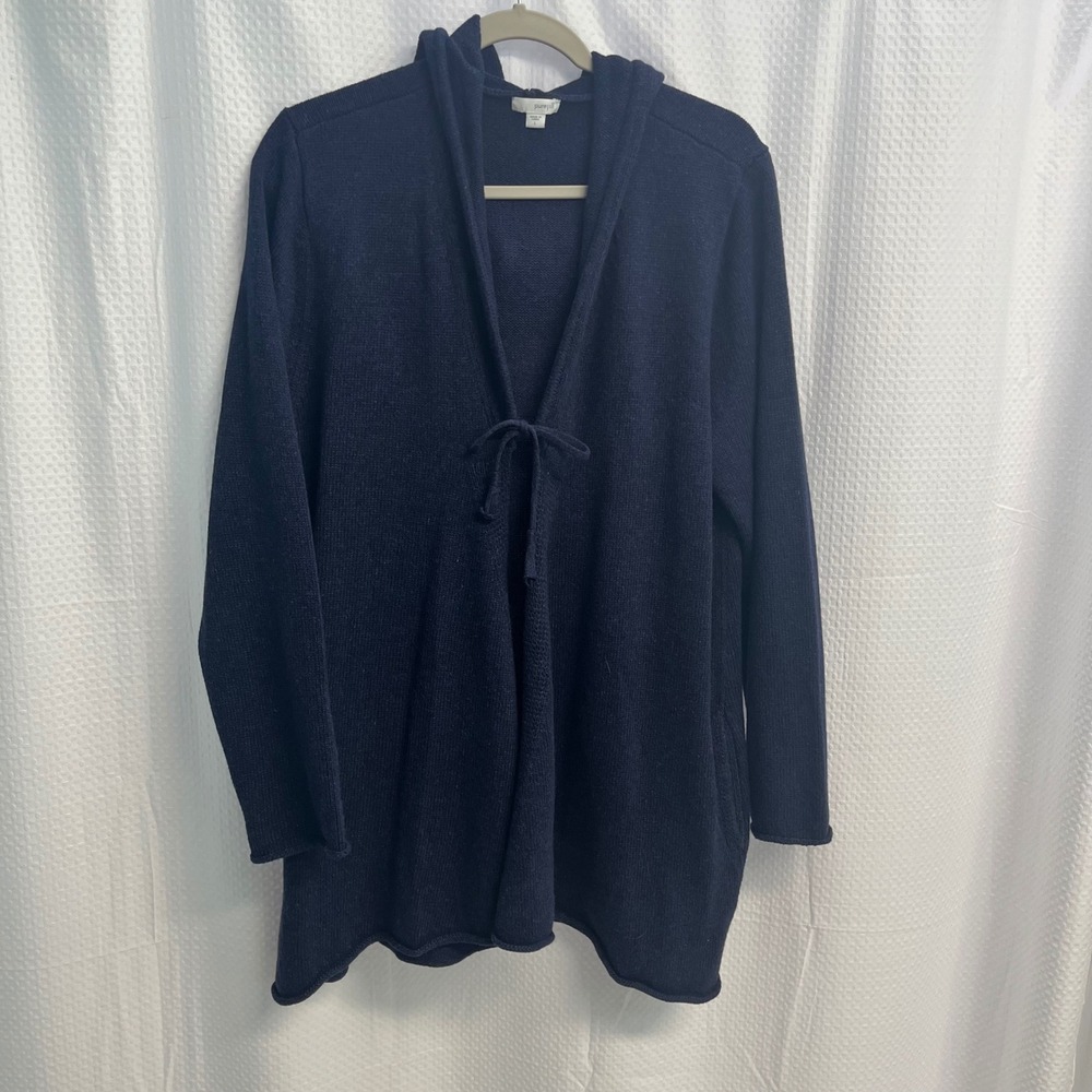 Pure Jill Navy Blue Cotton Cashmere Blend Hooded Tie Front Cardigan Sweater L